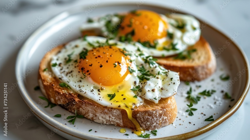  a white plate topped with two pieces of bread covered in an egg on top of an egg on top of an egg on top of an egg on a piece of bread.