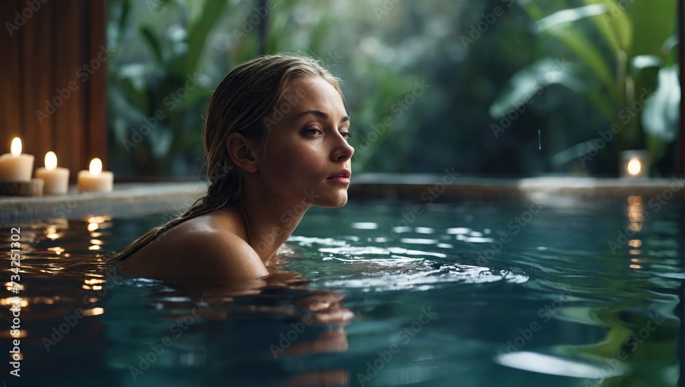 Serene water relaxation at a spa with beautiful girl Serene water relaxation at a spa with beautiful girl