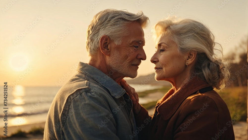 Side view of senior couple hugging outside in spring nature on beach ,sunset Side view of senior couple hugging outside in spring nature on beach ,sunset