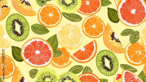  a bunch of cut up oranges and kiwis on a yellow background with leaves and leaves on the sides of the cut up oranges and kiwis.