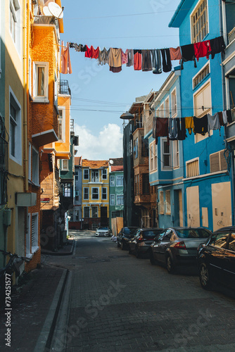 colorful beautiful houses in quiet street with details in the city of istanbul in balat district  © Radu