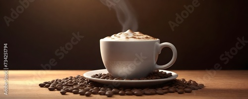 A steaming cup of coffee with coffee beans scattered around on a textured surface, with a warm and rustic ambiance