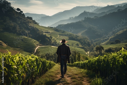 a man walking on a path in a vineyard photo