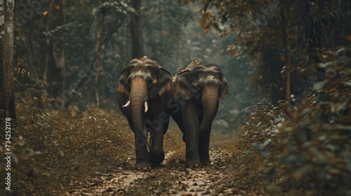  two elephants walking down a dirt road in the middle of a forest with trees and leaves on both sides of the two elephants are facing the same direction of the same direction. © Olga