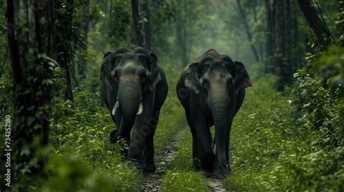  two elephants walking down a path in the middle of a lush green forest with tall trees on either side of the path and one elephant on the other side of the path.
