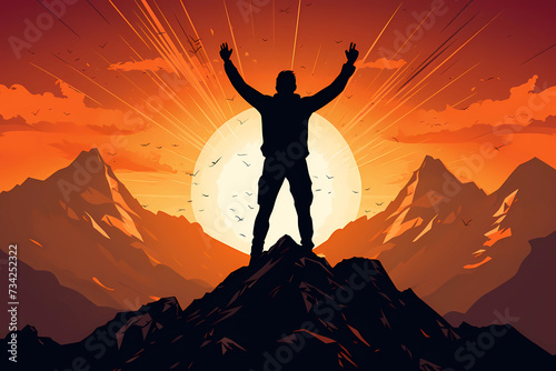silhouette of a person on the top of mountain, celebrating success and achievements with copy space, sunrise time