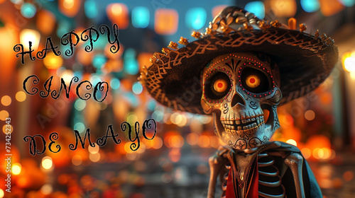 Happy Cinco de Mayo Greeting card. Paper Fan, Funny Pinata, Cocktail Margarita, Cactus in paper cut style. Origami Sombrero hat. Mexico, Carnival. photo
