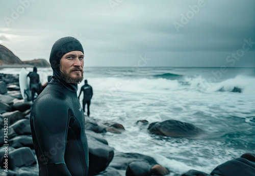 Blonde Bearded Norwegian Surfer Portrait in Winter Wetsuit