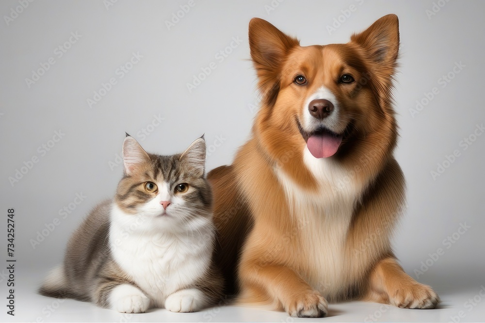 a quality stock photograph of a beautiful happy cat and dog standing next to each other isolated on a white or transparant background