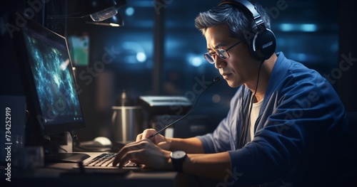 a man wearing headphones and using a computer photo