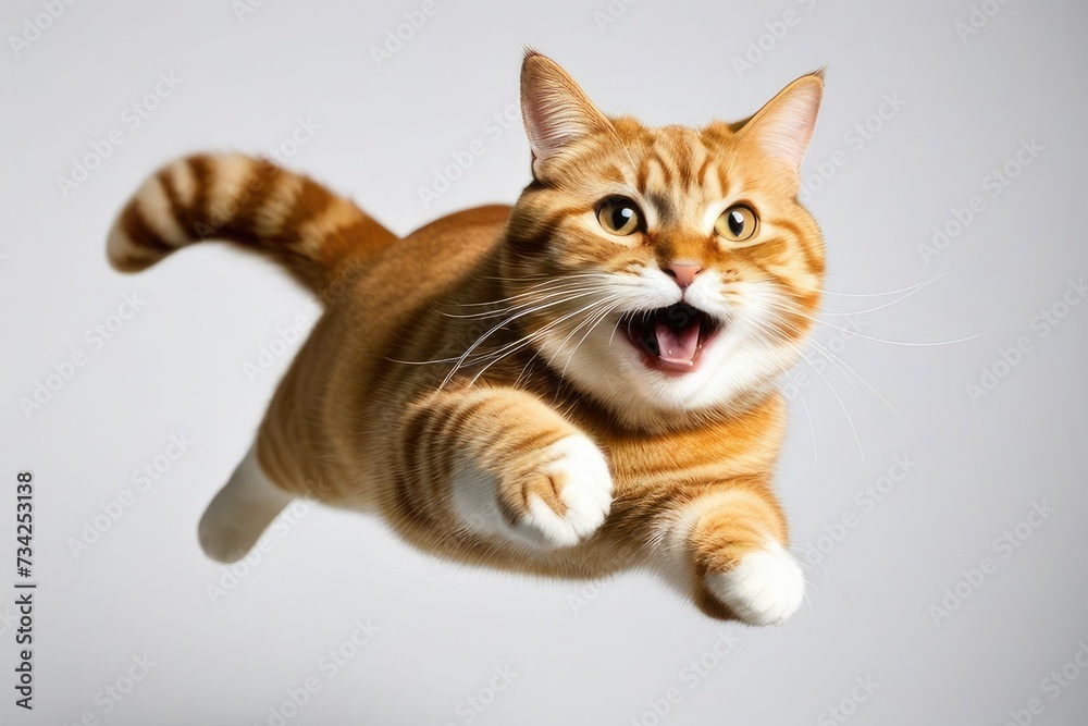 a quality stock photograph of a single fat happy cat jumping in the air isolated on a white background