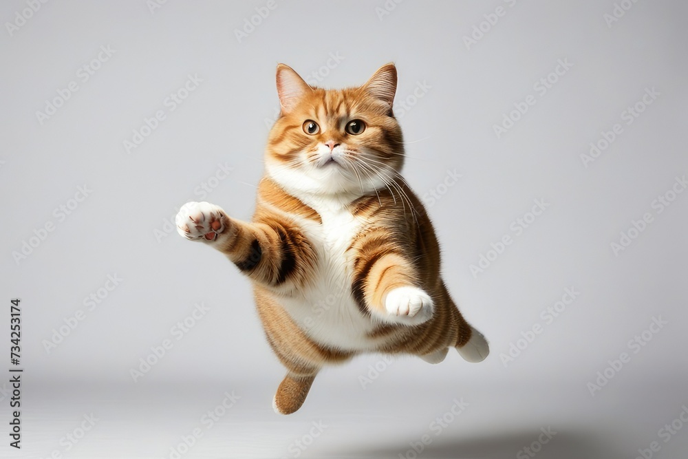 Obraz premium a quality stock photograph of a single fat happy cat jumping in the air isolated on a white background
