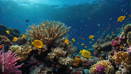 vibrant hues of coral reefs teeming with life  including tropical fish  sea anemones  and swaying sea fans