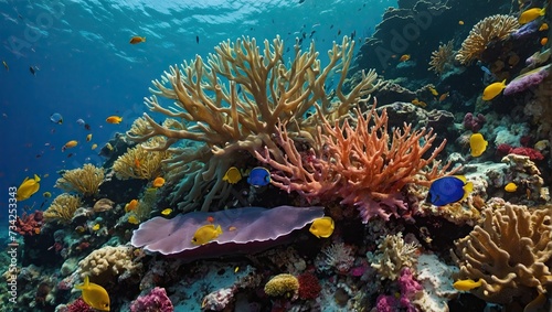 vibrant hues of coral reefs teeming with life  including tropical fish  sea anemones  and swaying sea fans