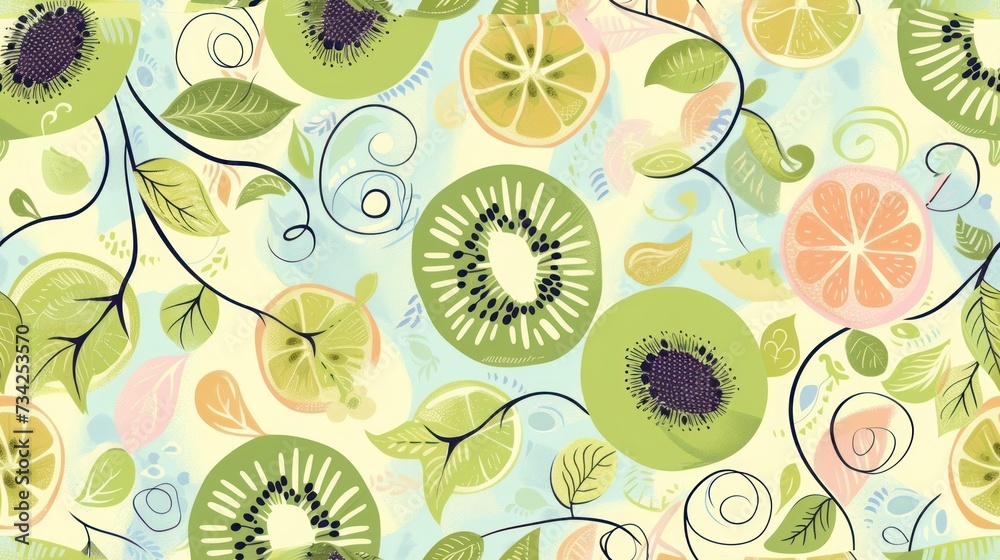 a bunch of fruit with leaves and swirls on a blue and green background with leaves and swirls on a blue and green background with a light yellow background. a bunch of fruit with leaves and swirls on a blue and green background with leaves and swirls on a blue and green background with a light yellow background.