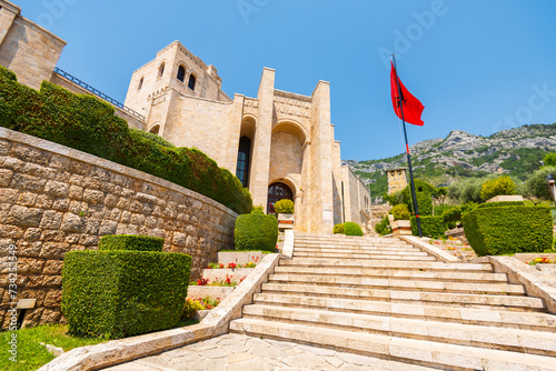 View of the beautiful Kruja Castle in summer. Traveling in Albania.