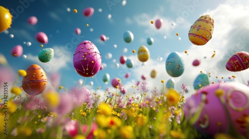  a field filled with lots of colorful easter eggs flying in the air over a field full of flowers and a blue sky with a few white clouds in the background. © Olga