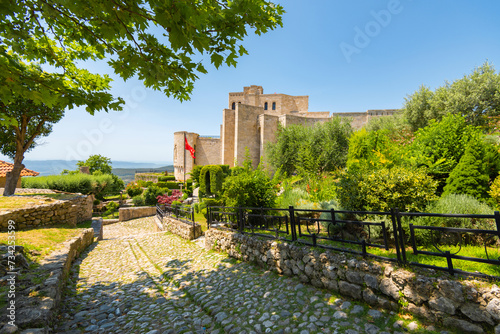 View of the beautiful Kruja Castle in summer. Traveling in Albania.