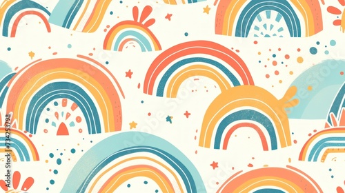  a multicolored pattern of rainbows and stars on a white background with blue, orange, yellow, pink, green, and blue colors of the rainbow.