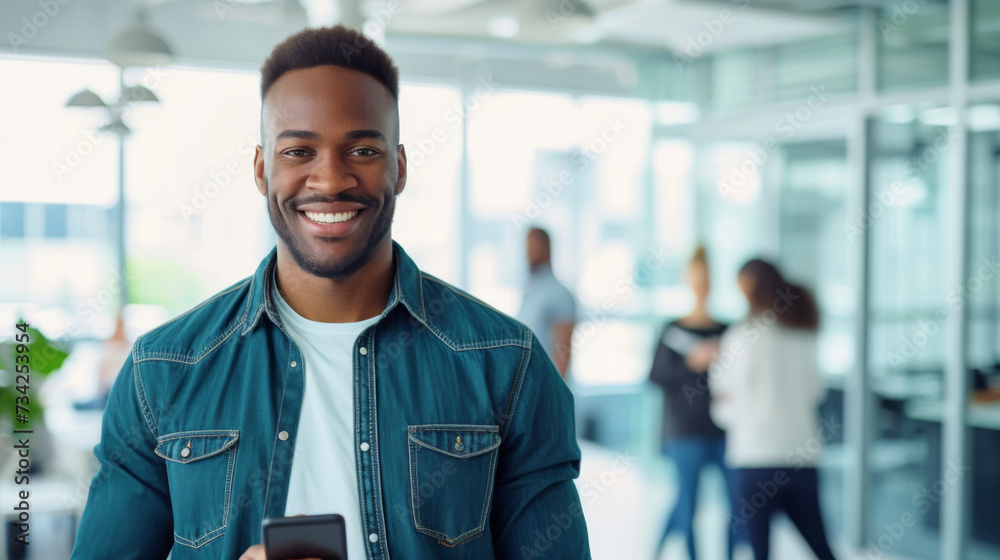 Obraz premium A smiling man with glasses is sitting in a casual office setting, exuding confidence and satisfaction.