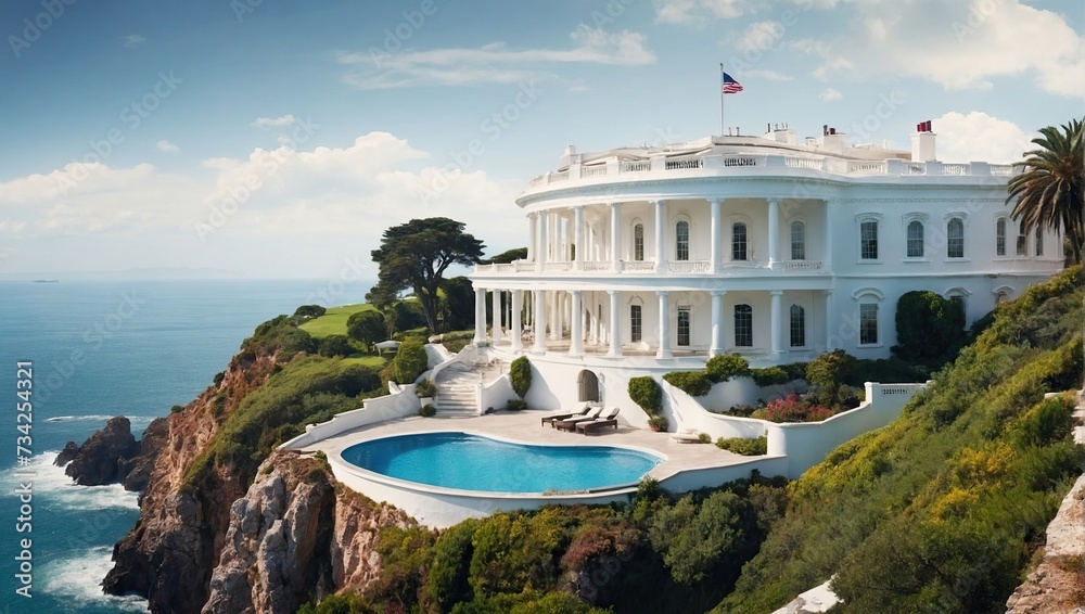 Obraz premium white house with pool on hill with stunning sea view