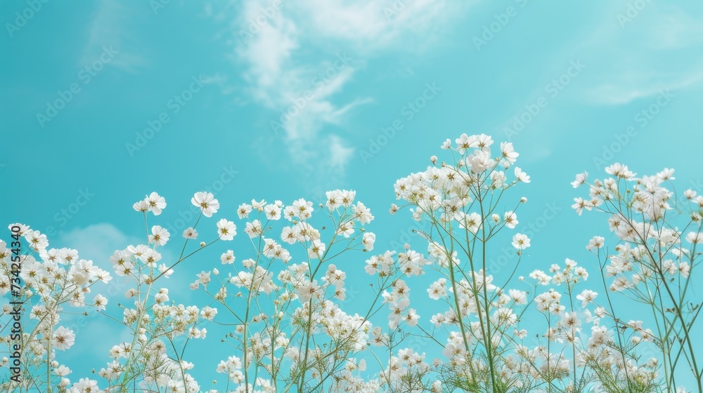  a bunch of white flowers with a blue sky in the background with clouds in the middle of the picture and in the foreground is a blue sky with a few white clouds in the foreground.