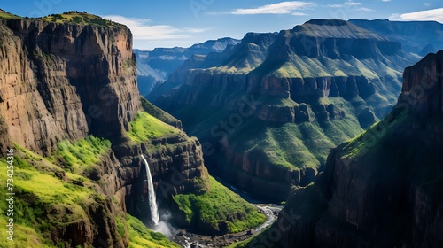 a dramatic mountain landscape with a waterfall plunging down a steep canyon, surrounded by rugged cliffs and an untouched wilderness.