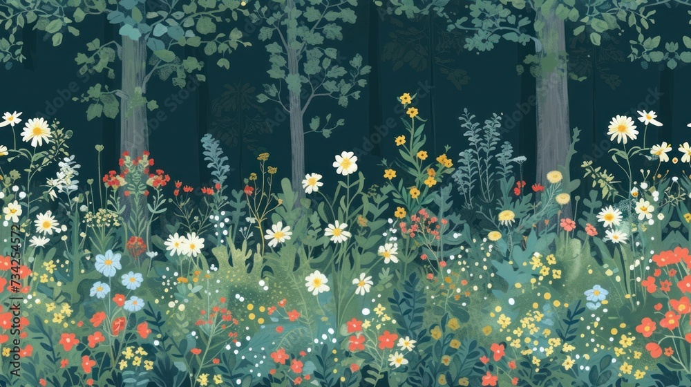  a painting of a forest filled with lots of wildflowers and a lot of trees with lots of green leaves on the top of the trees and bottom of the picture.