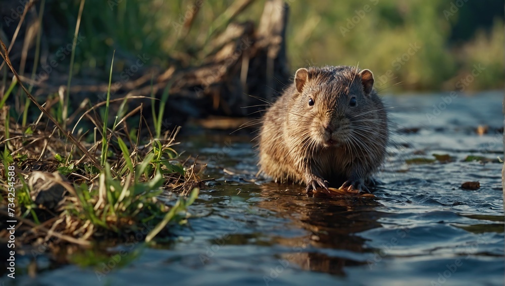 Wild animal Muskrat eats on the river bank Wild animal Muskrat eats on the river bank