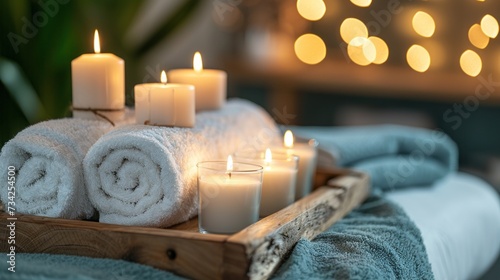  a tray filled with white candles next to a pile of white towels on top of a blue towel covered bed in front of a christmas tree with lights in the background.