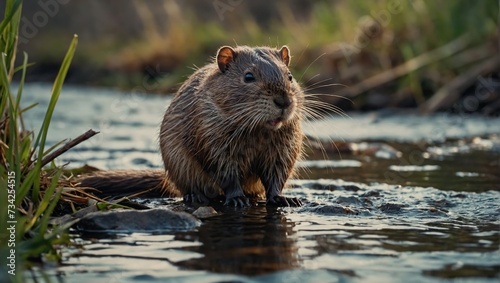 Wild animal Muskrat eats on the river bank
