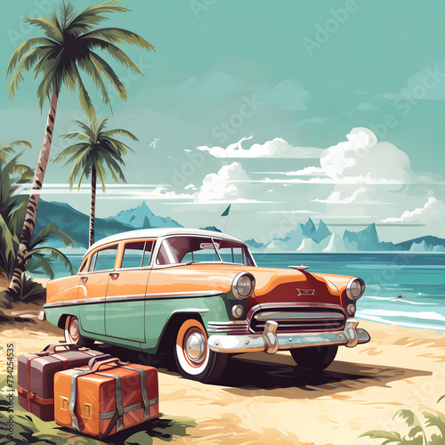Car with suitcases on the exotic beach. Travel concept. Summer vacation.