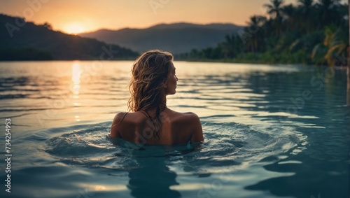 Woman enjoys serene swim in lagoon at dusk  nature s swimming pool