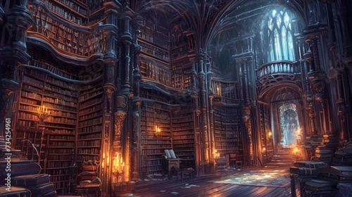 An ancient library with towering bookshelves  hidden alcoves  and magical glowing manuscripts. Resplendent.