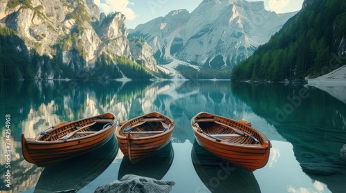  a couple of small boats sitting on top of a lake next to a mountain covered with trees and a body of water with a mountain range in the distance in the background.