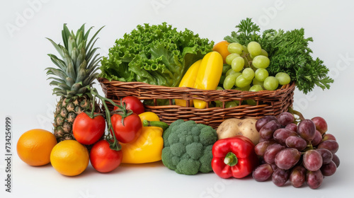 An assortment of colorful fresh vegetables and fruits spilling out of a wicker basket  representing a healthy diet and nutrition.