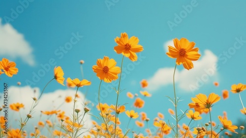  a field full of yellow flowers with a blue sky in the background of the picture and clouds in the sky in the backgrouchground.