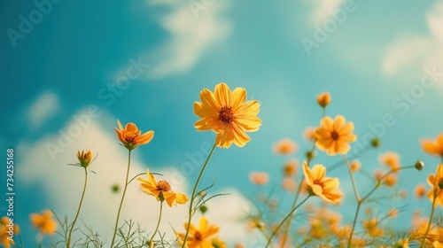  a field full of yellow flowers with a blue sky and clouds in the backgrouund of the picture is a photo of a field full of yellow flowers with a blue sky and clouds in the background.