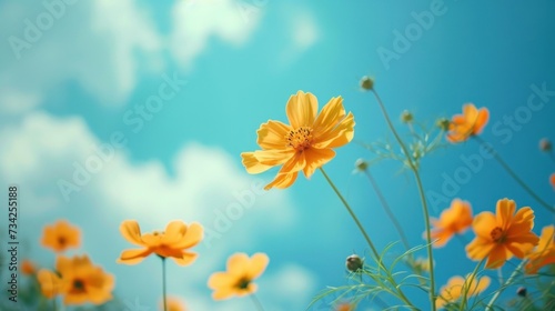  a field of yellow flowers with a blue sky in the background and clouds in the sky in the middle of the picture, with a few yellow flowers in the foreground.