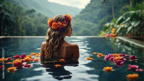 Woman with flowers in hair relaxing in Infinity pool with a view to the jungle