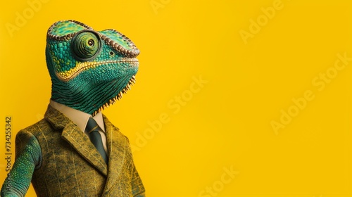 a Chameleon wearing a suit with a tie on a plain yellow background on the left side of the image and the right side blank for text