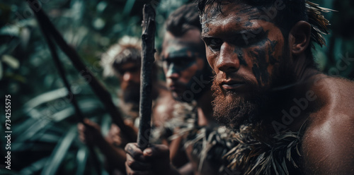 Caveman in prehistoric jungle hunting. Photorealistic.
