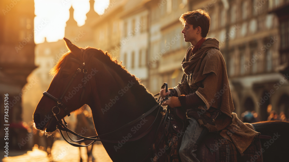Portrait of a handsome medieval man on horse back in Prague street.