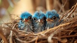 a group of little blue birds sitting in a nest on top of a pile of dry grass with one of them's eyes wide open.
