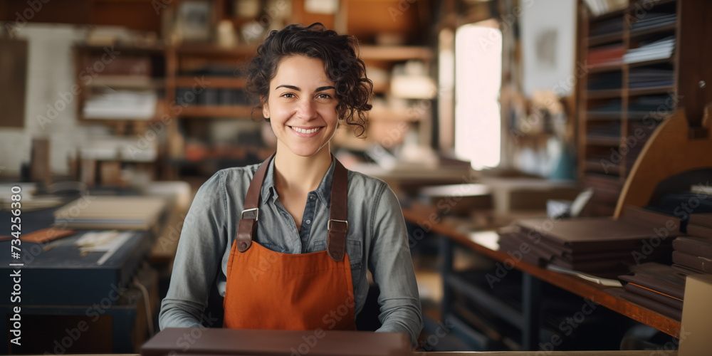 Obraz premium Traditionelles Handwerk | Buchbinderin am Arbeitsplatz