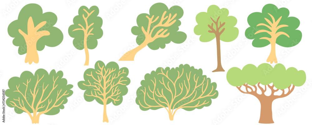 trees collection in flat style in vector. Template for design, logo, print, icon. objects for landscape, background, wallpaper.