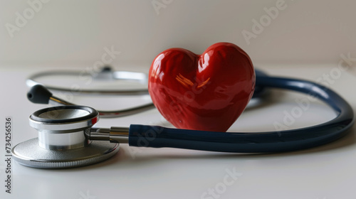A conceptual red heart model lies next to a stethoscope on a reflective surface, symbolizing medical health and cardiological care. photo
