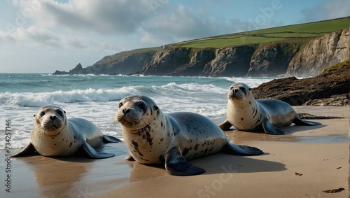 stunning coastal landscape featuring a family of playful seals basking on a sun-kissed beach in Cornwall, with rugged cliffs and crashing waves in the background