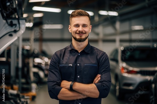 Portrait of a mechanical in a car shop.