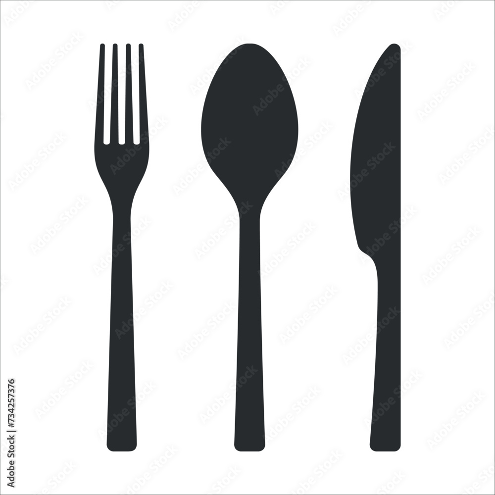 Knife, fork and spoon isolated on a white background. The black silhouette of the cutlery set. Knife, fork and spoon isolated on a white background. The black silhouette of the cutlery set.